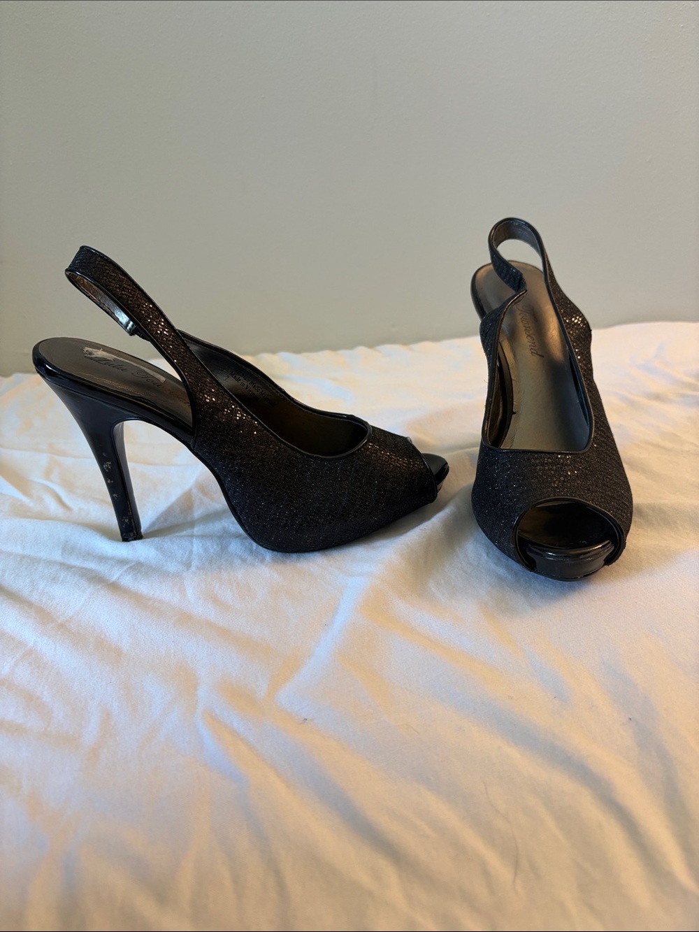 Lulu Townsend Black Glitter Slingback Peep-Toe Heels
